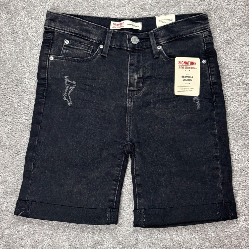 Signature by Levi Strauss G Bermuda Shorts Black Distressed Adjustable Waist 26